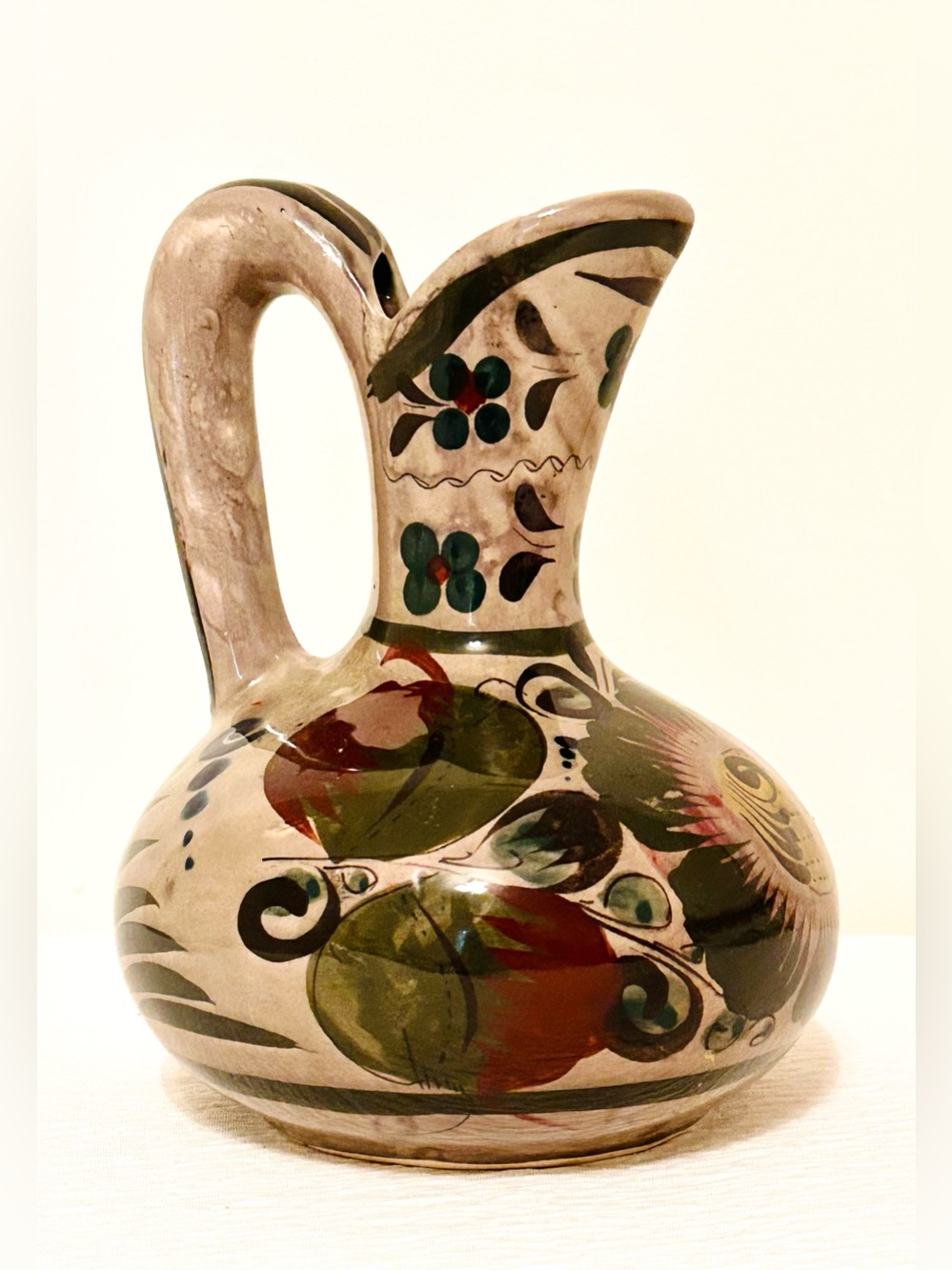 Hand-Painted Floral & Geometric Folk Art Mexican Pottery Pitcher- Gray/ Multi